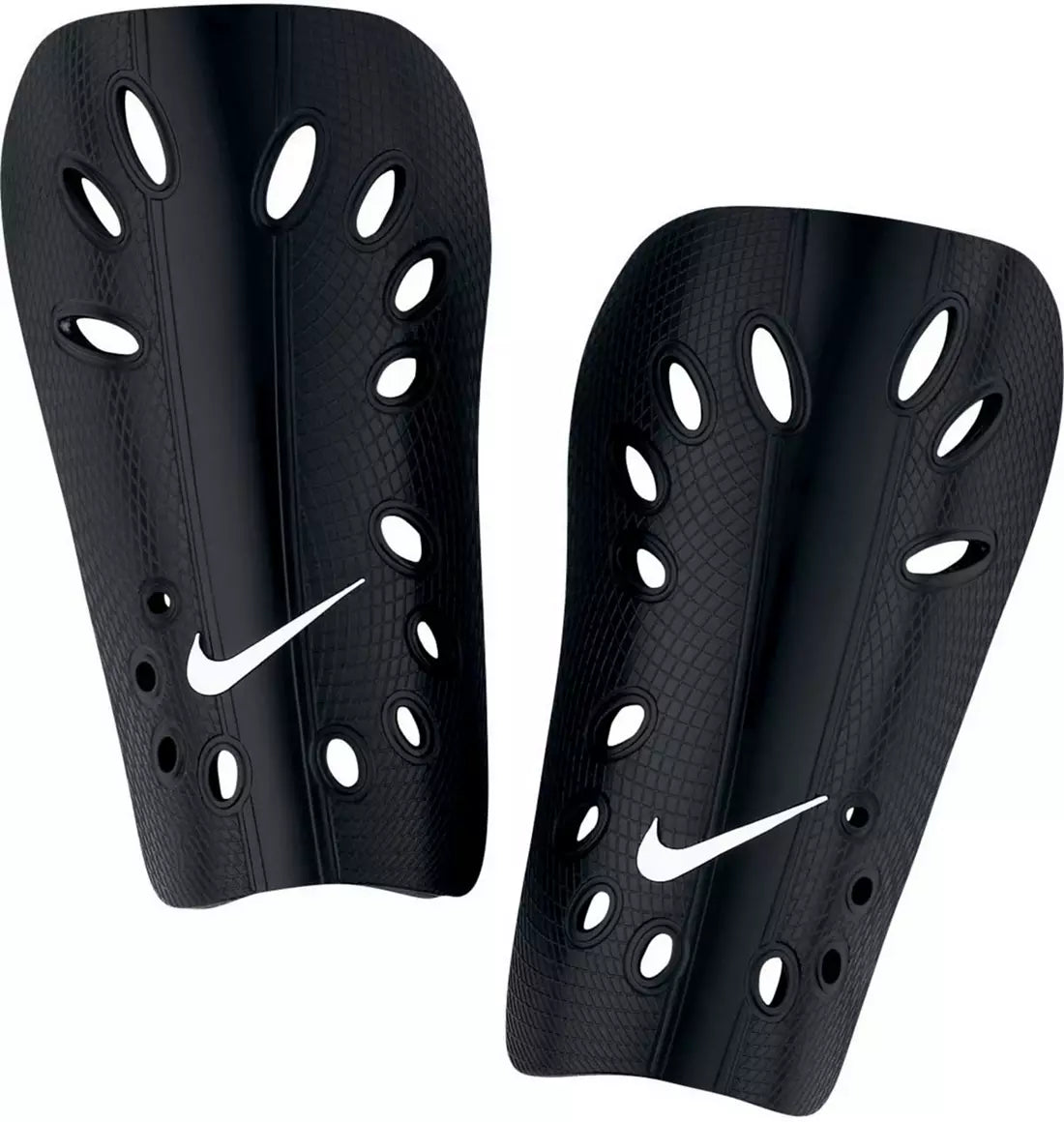Pair of black shin guards with Nike logo on a white background