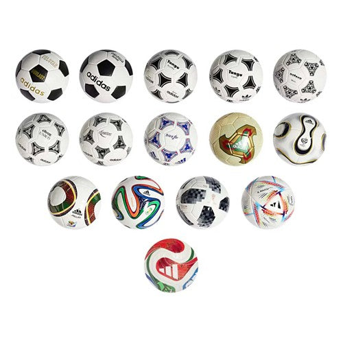 Collection of various soccer balls with different designs and branding on a white background