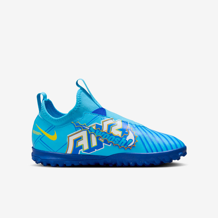 Blue children's soccer shoe with brand logo on a light gray background