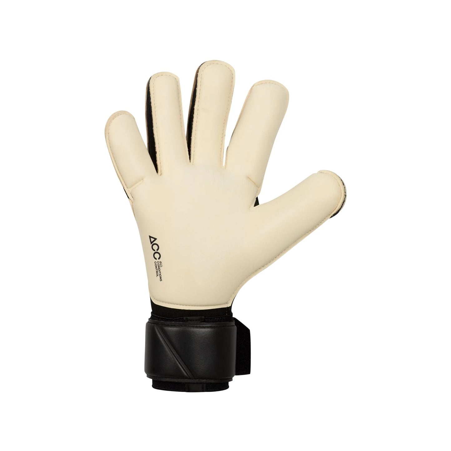 Beige goalkeeper glove with black wrist guard on a white background