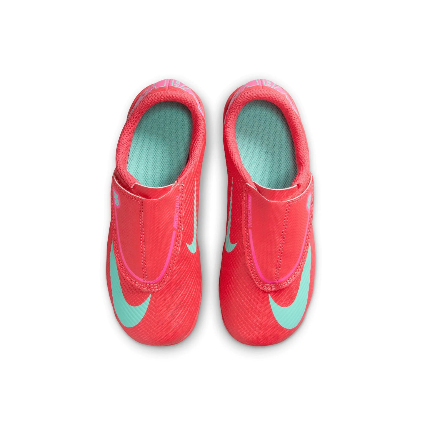 Top view showing textured synthetic upper and strap closure