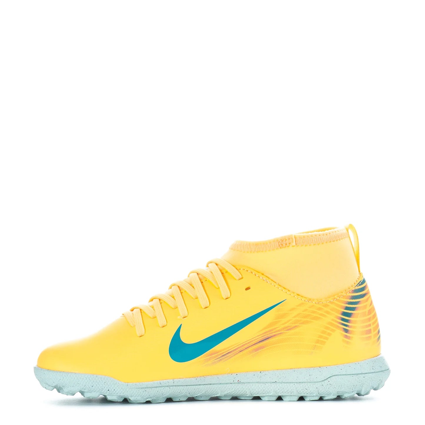 Yellow soccer cleat with blue swoosh logo on a white background
