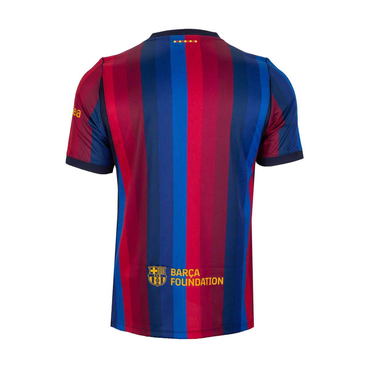 Red and blue striped sports jersey with 'Barca Foundation' text on a white background