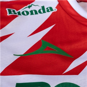 Close-up of a sports jersey with Bionda branding on a red and white background