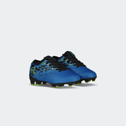 Pair of blue soccer cleats with black and green accents on a light gray background