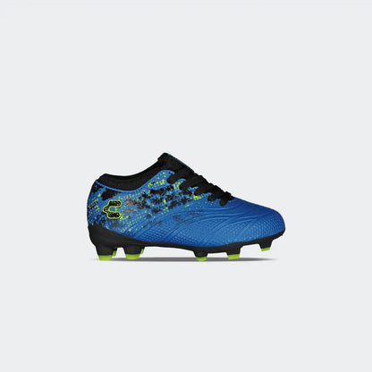 Blue soccer cleat with black and green accents on a light gray background