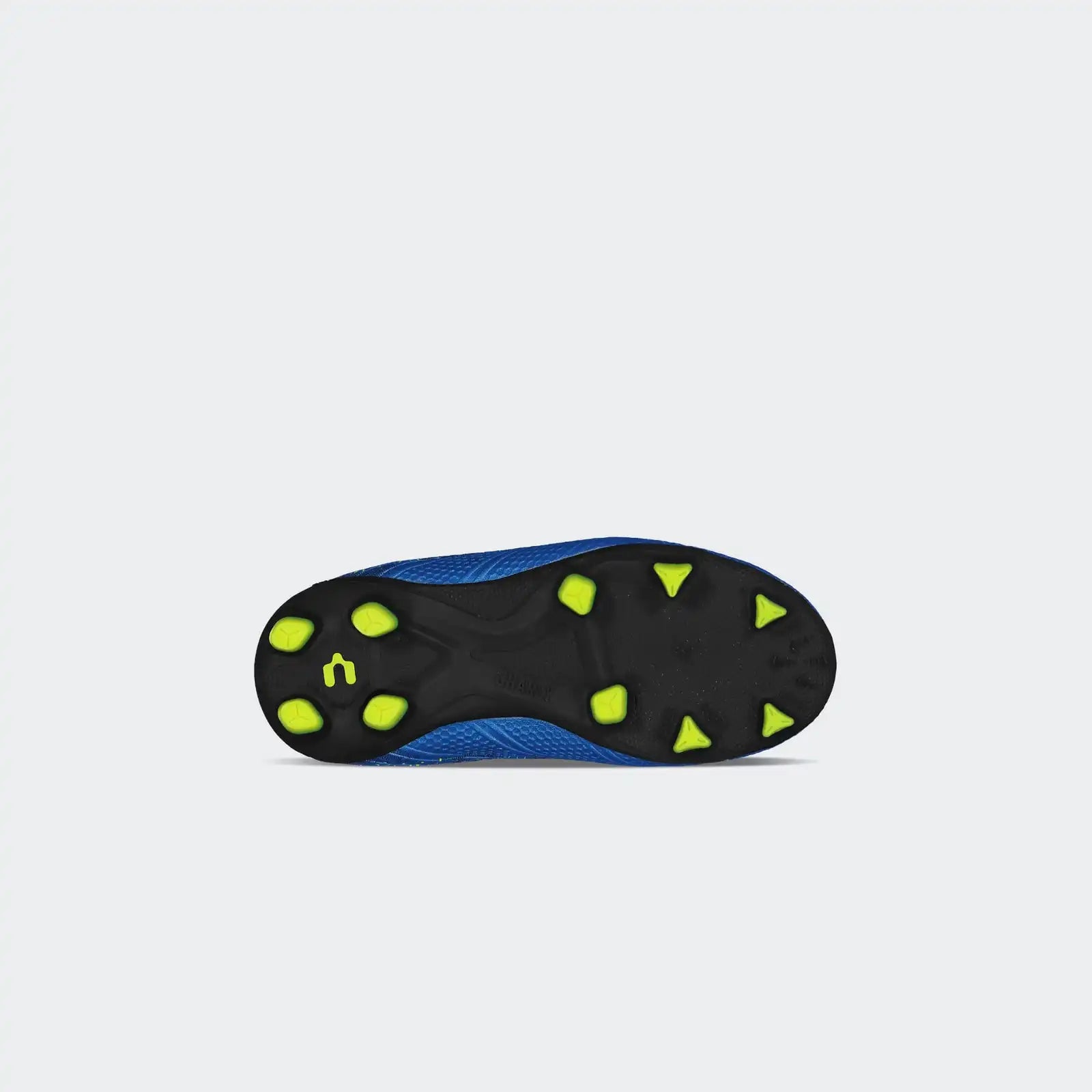 Close-up of a blue and black soccer cleat sole with yellow studs on a light gray background