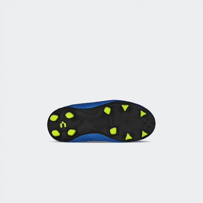 Close-up of a blue and black soccer cleat sole with yellow studs on a light gray background