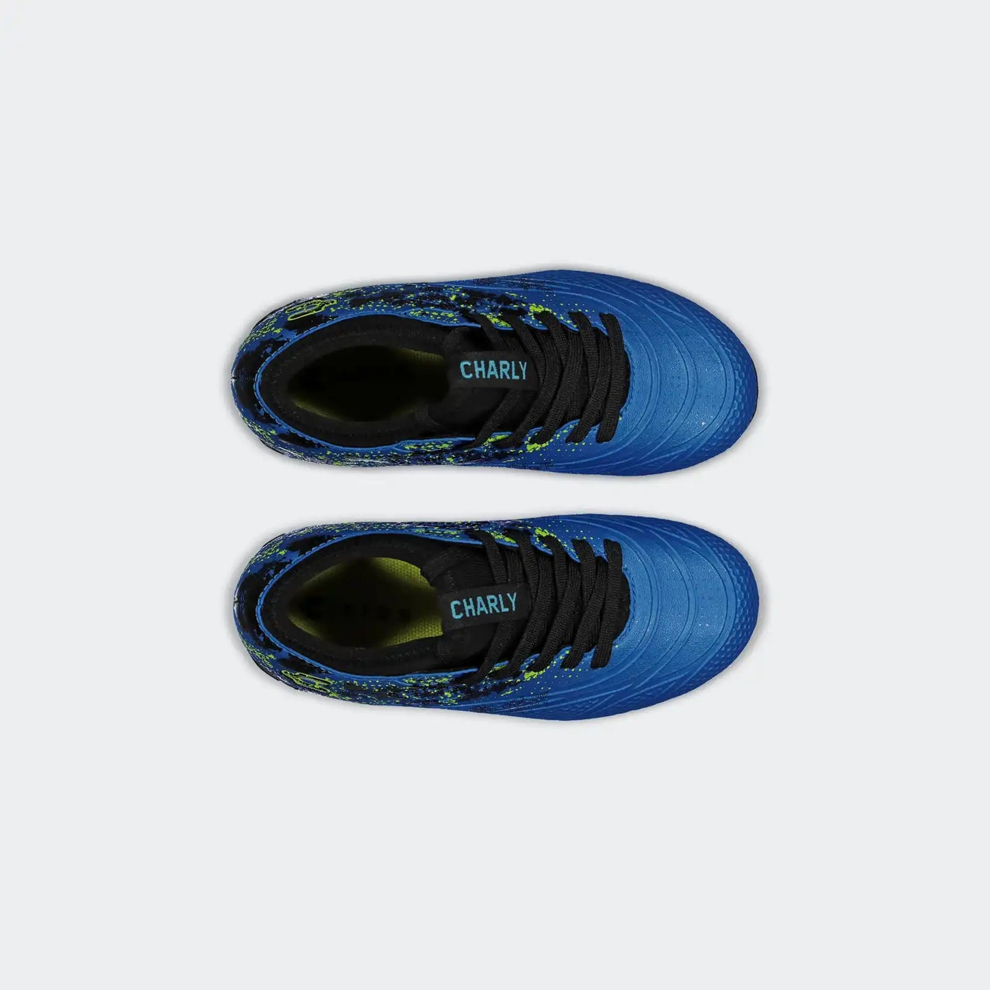 Blue athletic shoes with black laces on a light gray background