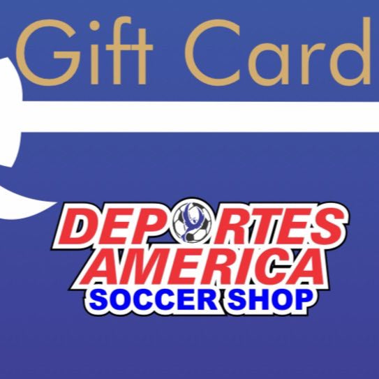 This image features a gift card from Deportes America Soccer Shop, a store that specializes in soccer-related merchandise. The gift card displays the store's logo, which is vibrant and colorful, incorporating the name "Deportes America" with a soccer ball motif.