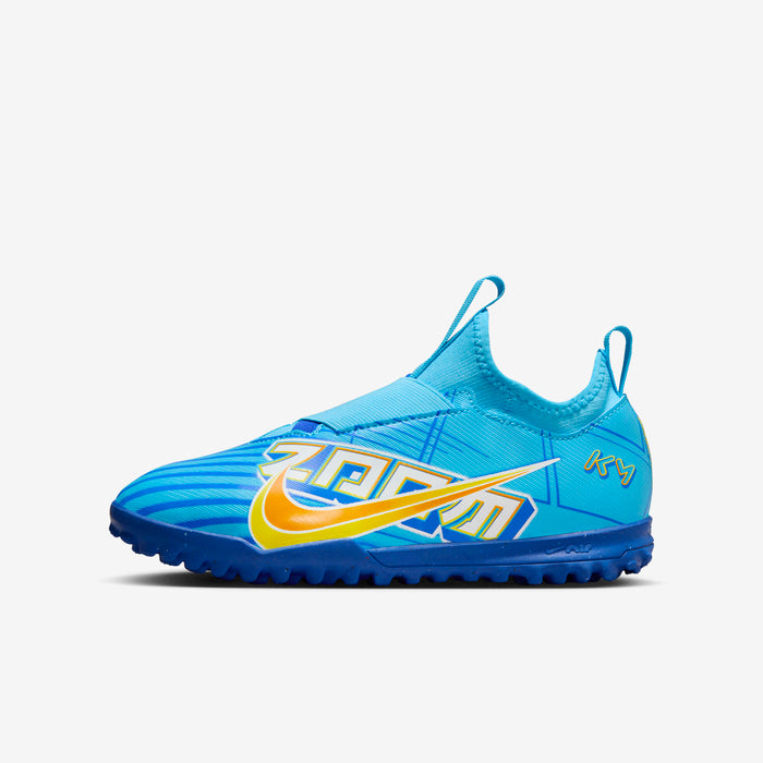 Blue soccer cleat with brand logo on a white background
