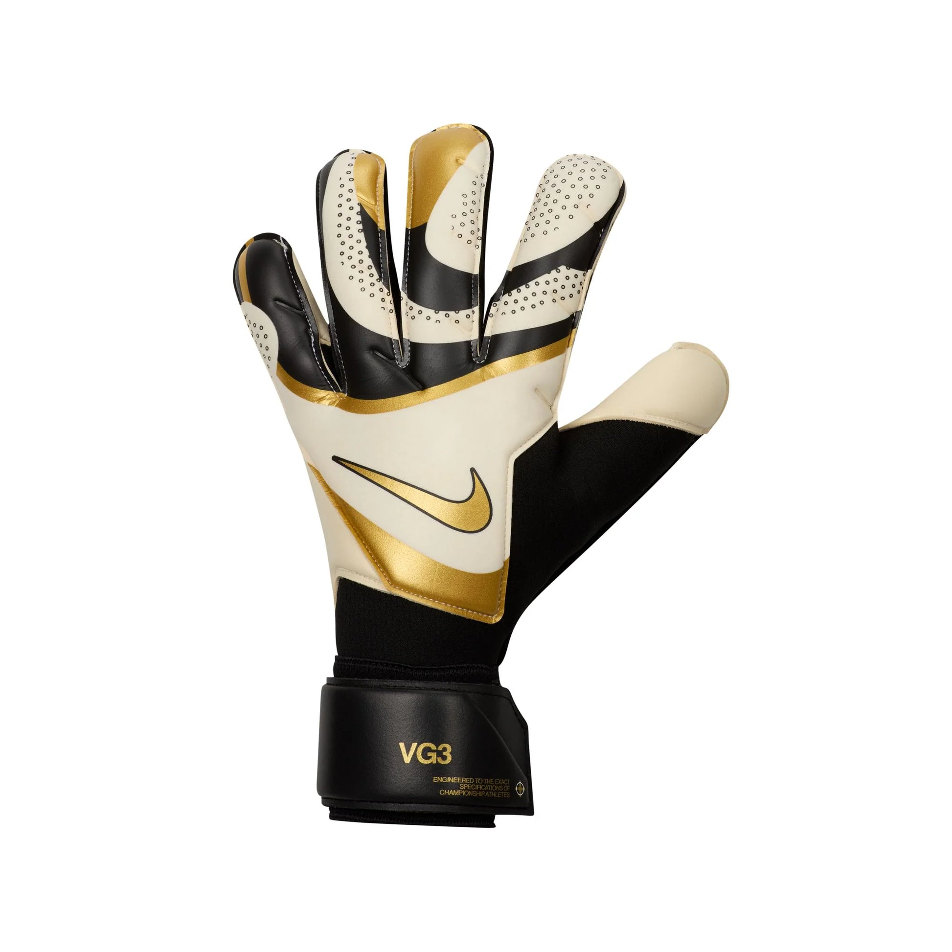 Black, white, and gold soccer goalkeeper glove with Nike logo on a white background