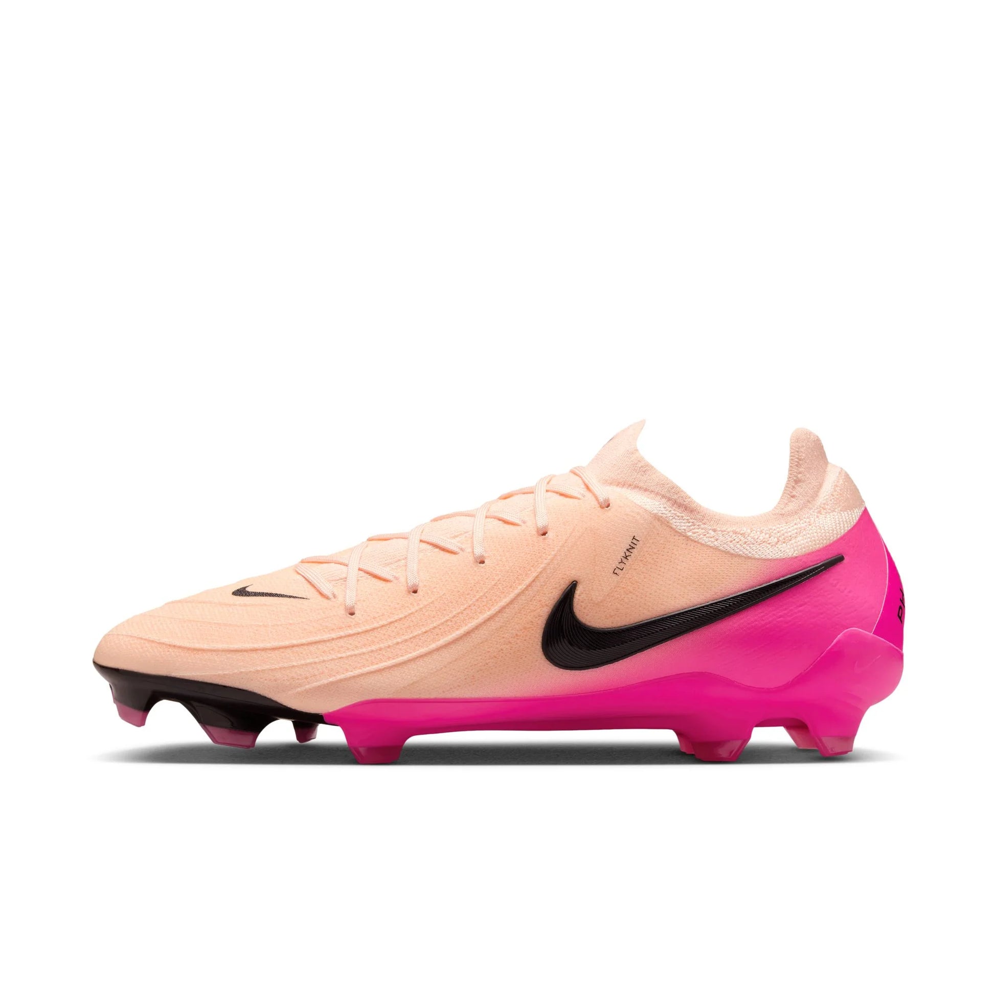 Pink and black soccer cleat with Nike logo on a white background