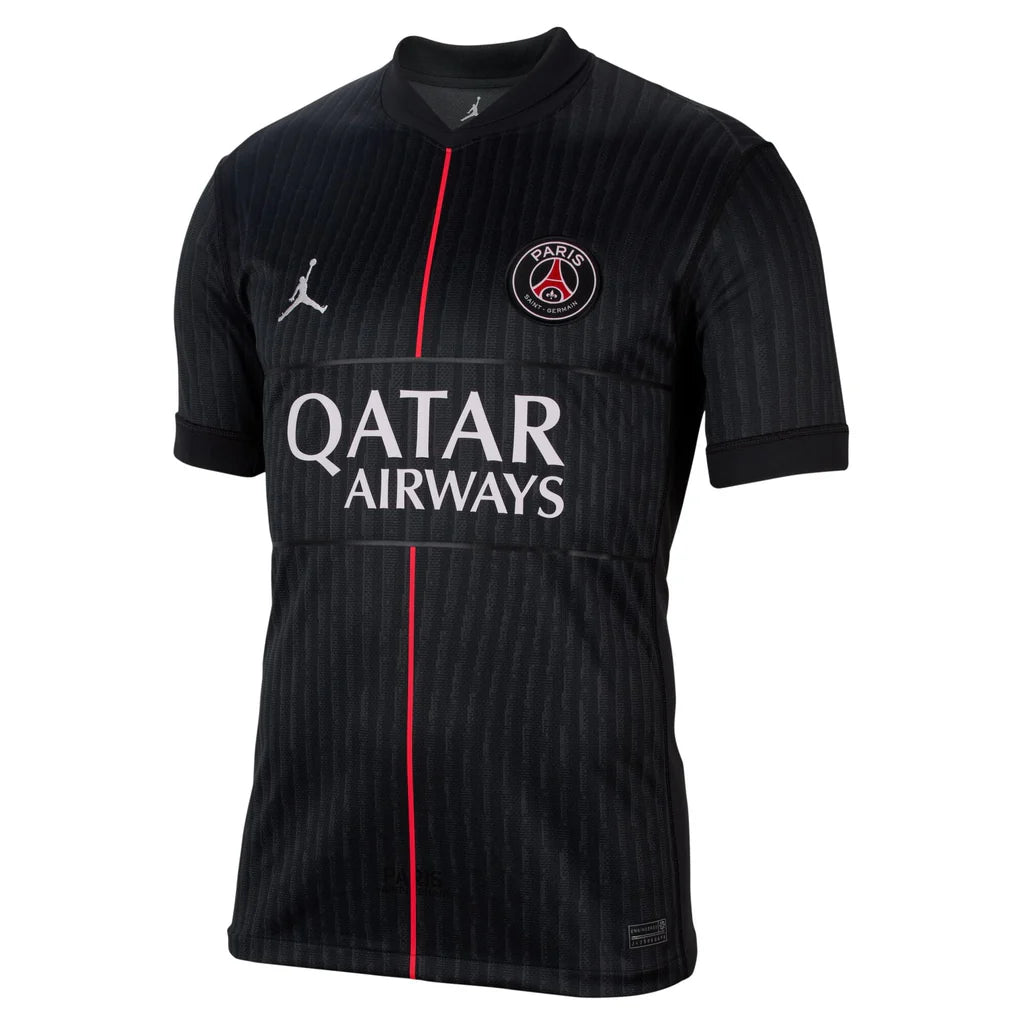 Black sports jersey with Qatar Airways logo on a white background