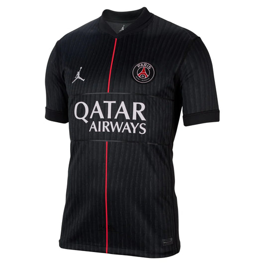 Black sports jersey with Qatar Airways logo on a white background