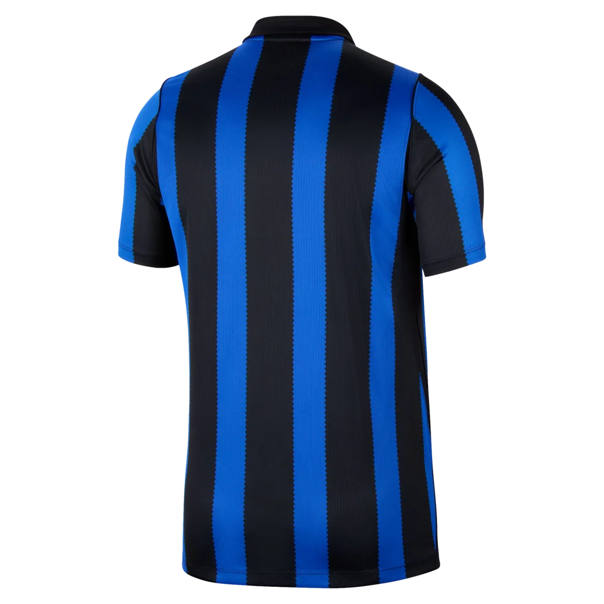 A short-sleeve soccer jersey shown from the back, featuring bold vertical stripes in black and bright royal blue, photographed on a clean white background.