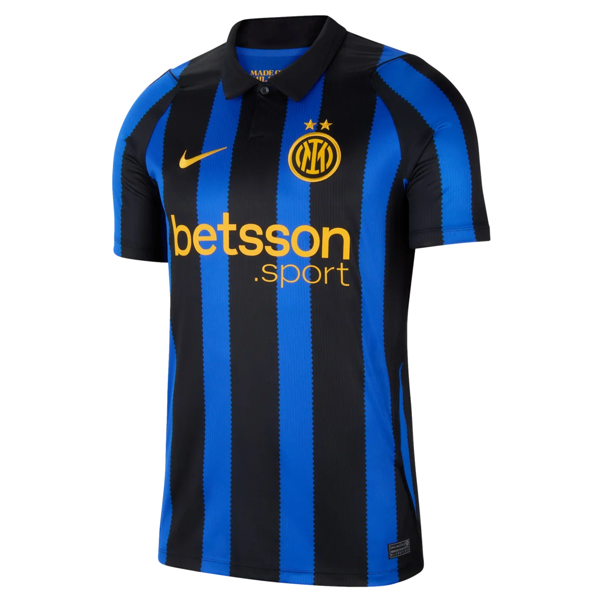 A Nike Inter Milan home soccer jersey with vertical blue and black stripes, featuring the yellow Inter Milan club crest and the yellow Betsson sponsor logo on a white background.