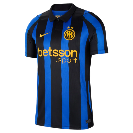 A Nike Inter Milan home soccer jersey with vertical blue and black stripes, featuring the yellow Inter Milan club crest and the yellow Betsson sponsor logo on a white background.