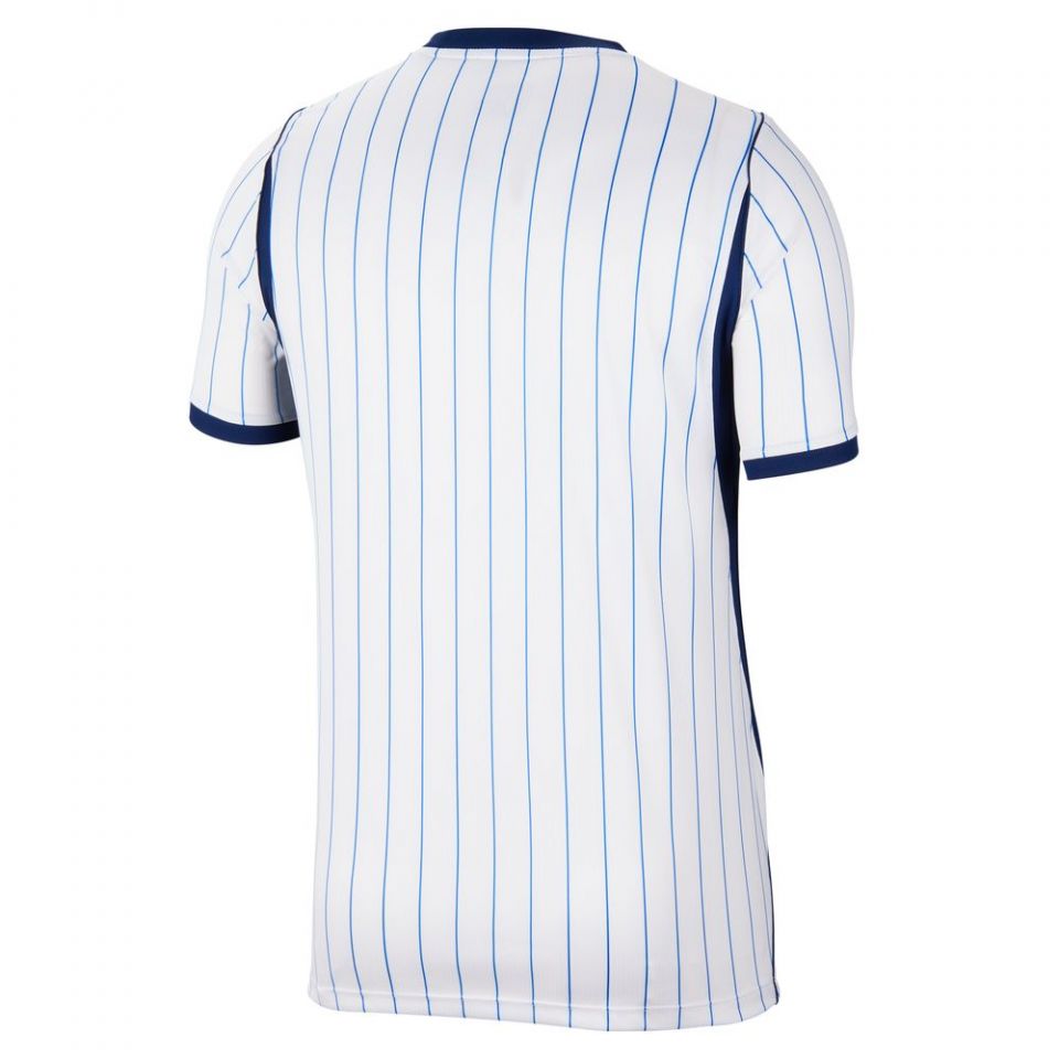 White short-sleeve athletic jersey with thin vertical blue pinstripes and dark blue trim on the collar, sleeve cuffs, and side panels, shown from the back on a white background.