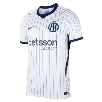 Inter Milan home soccer jersey with white and blue pinstripes, featuring the club crest, Nike logo, and Betsson sponsor on a white background.