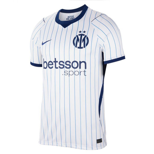 Inter Milan home soccer jersey with white and blue pinstripes, featuring the club crest, Nike logo, and Betsson sponsor on a white background.