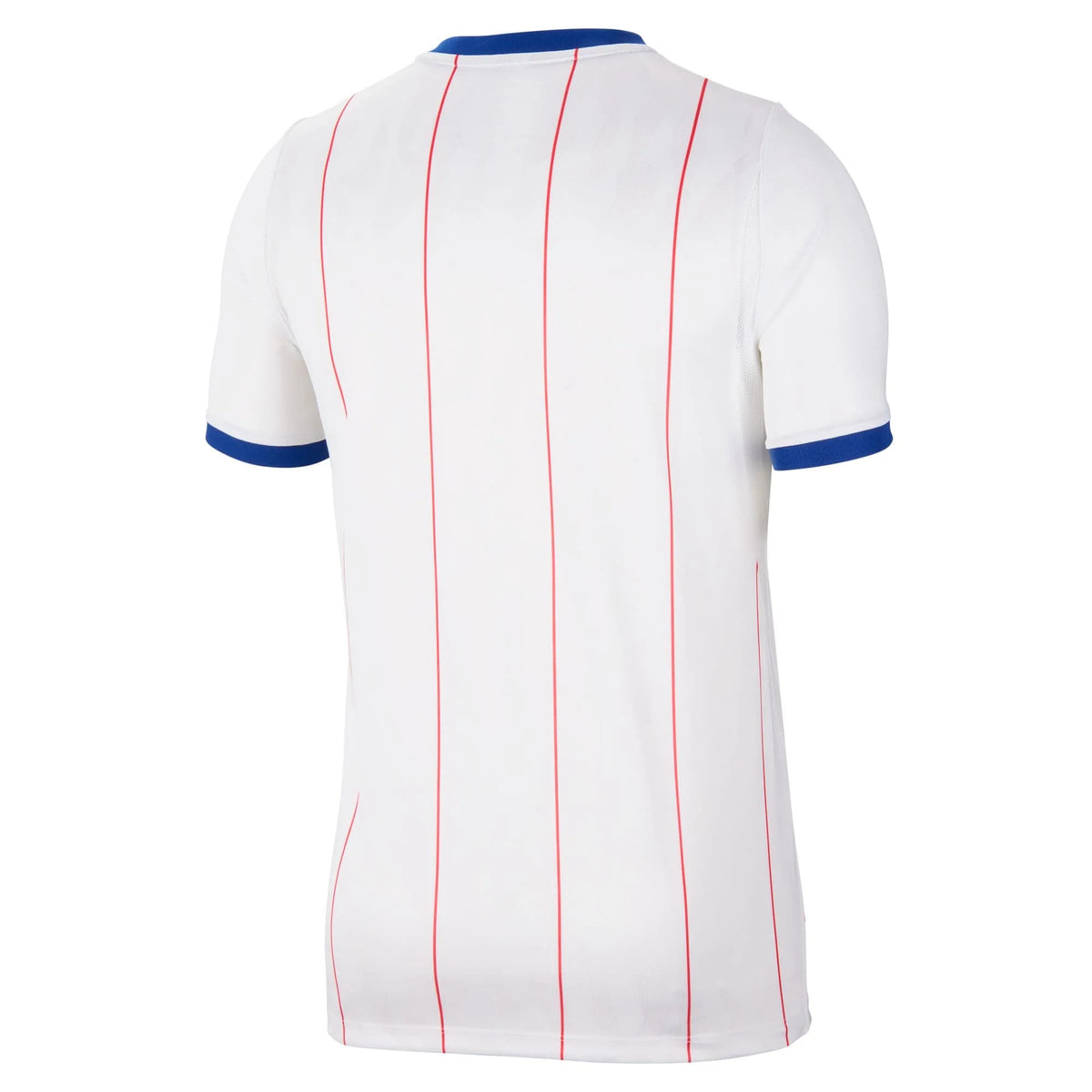 White short-sleeve soccer jersey shown from the back, featuring thin vertical red pinstripes and blue trim on the collar and sleeve cuffs.