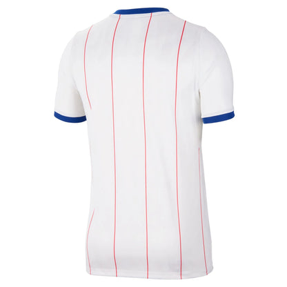 White short-sleeve soccer jersey shown from the back, featuring thin vertical red pinstripes and blue trim on the collar and sleeve cuffs.