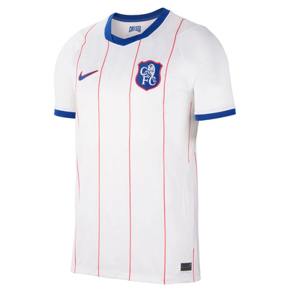 A white Chelsea FC home soccer jersey by Nike, featuring thin red vertical pinstripes, a blue collar, and blue sleeve cuffs. The Chelsea FC crest is on the left chest, and the Nike swoosh is on the right.