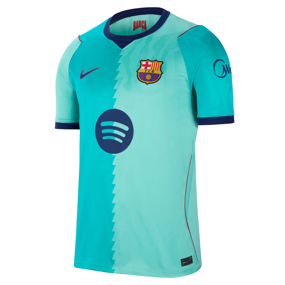 A Nike FC Barcelona home soccer jersey in a light turquoise/aqua colorway, featuring a dark navy blue collar, sleeve cuffs, and logos, including the Spotify sponsor logo on the front.