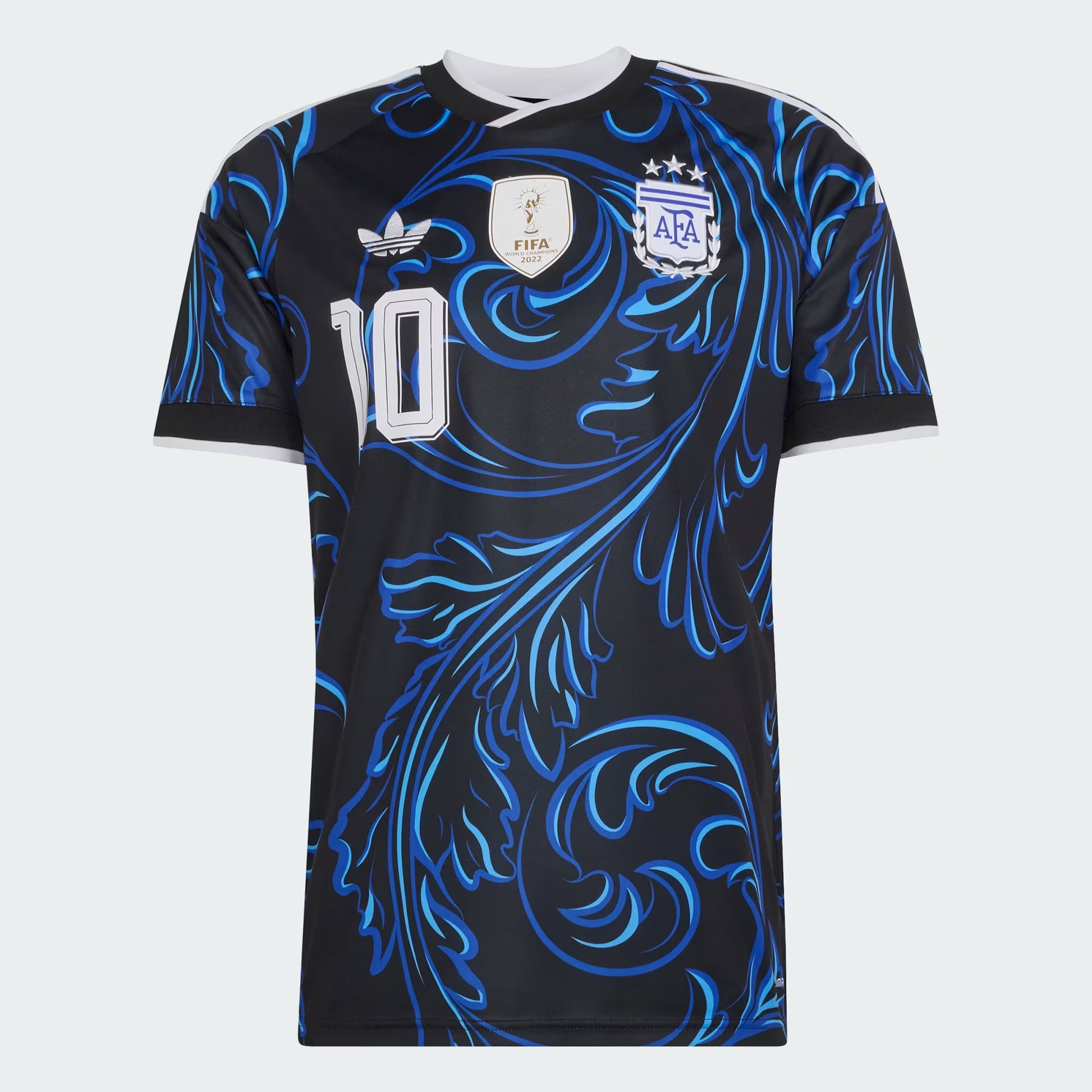 Black soccer jersey with blue patterns and Adidas logo on a white background
