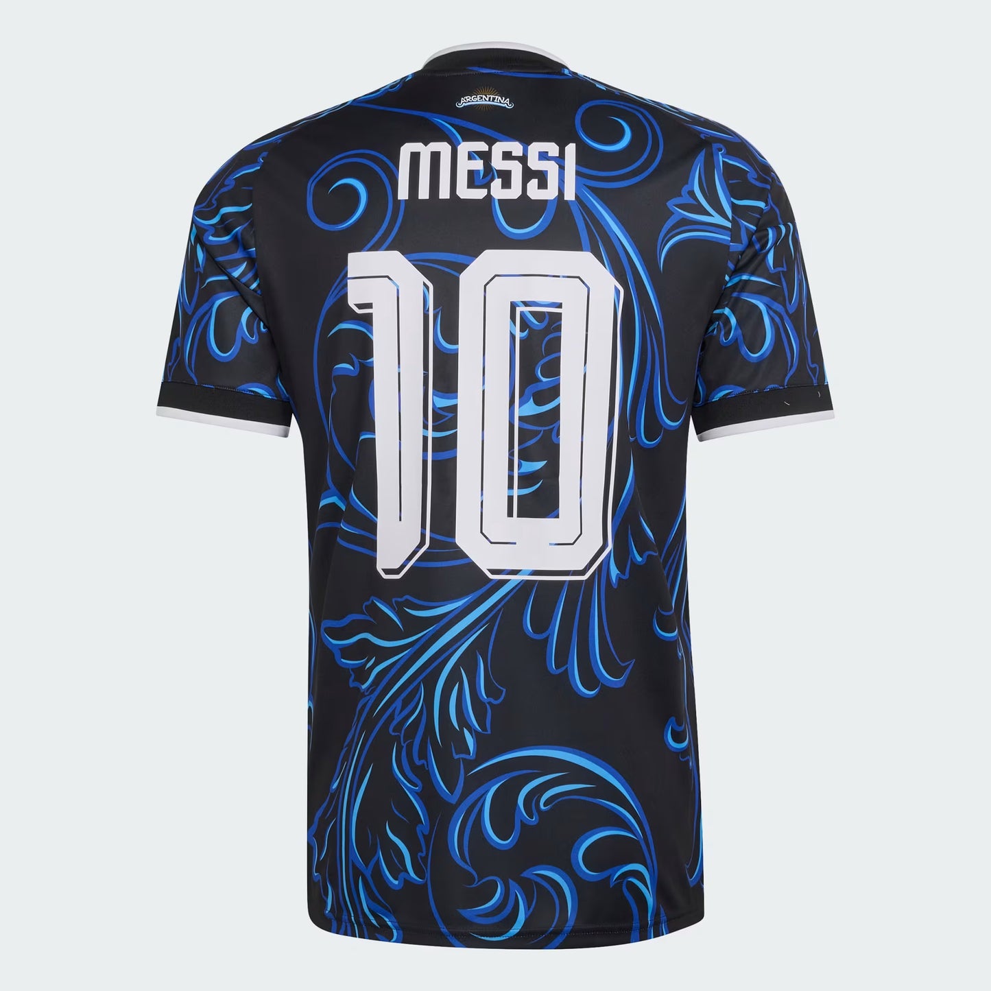 Soccer jersey with blue and white patterns, number 10, and name 'Messi' on a black background