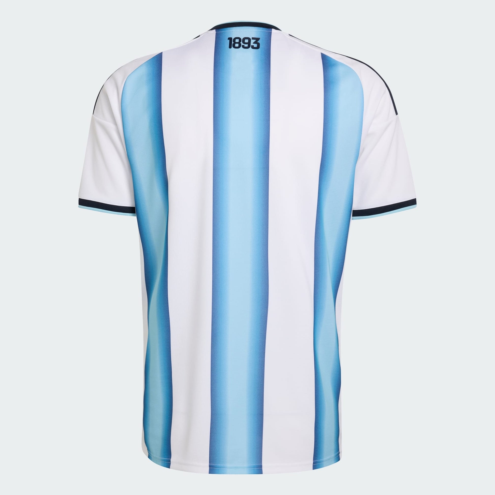 White and blue striped sports jersey with '1893' on a light gray background