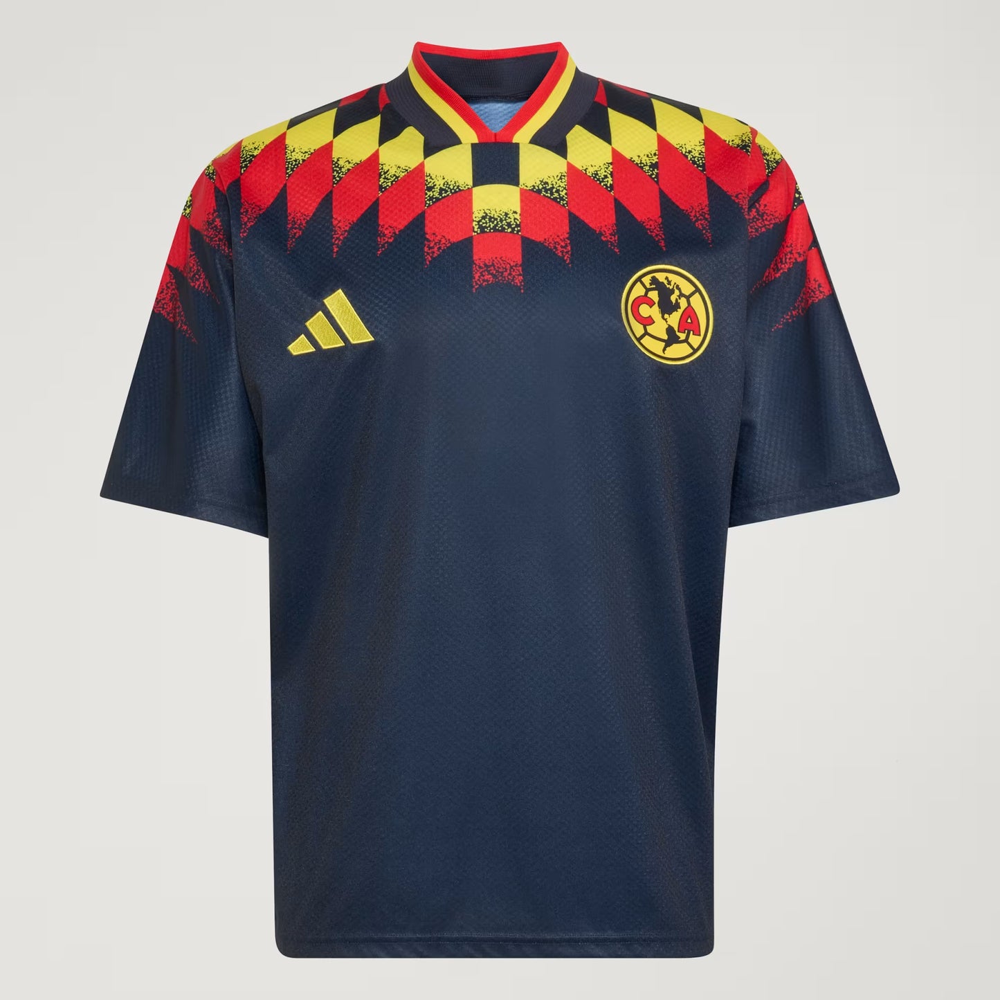 A navy blue short-sleeve soccer jersey with a red and yellow diamond pattern across the shoulders and collar, featuring a yellow Adidas logo on the right chest and the Club América crest on the left chest, shown against a light gray background.