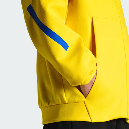 Yellow jacket with a blue stripe on a white background