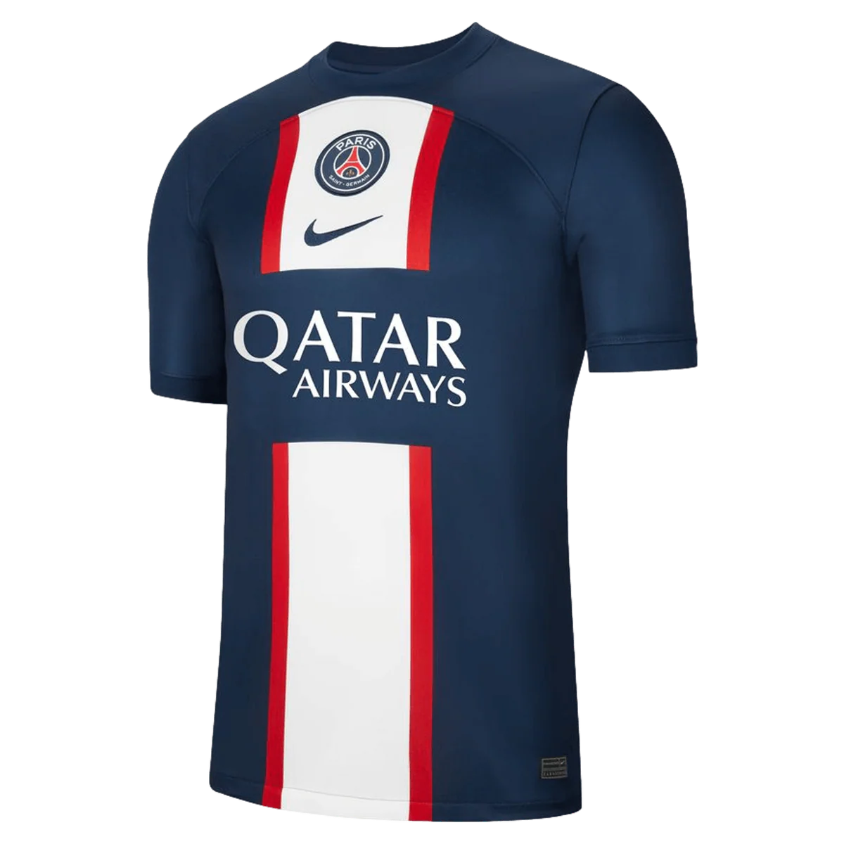 Navy blue sports jersey with Qatar Airways logo on a white background