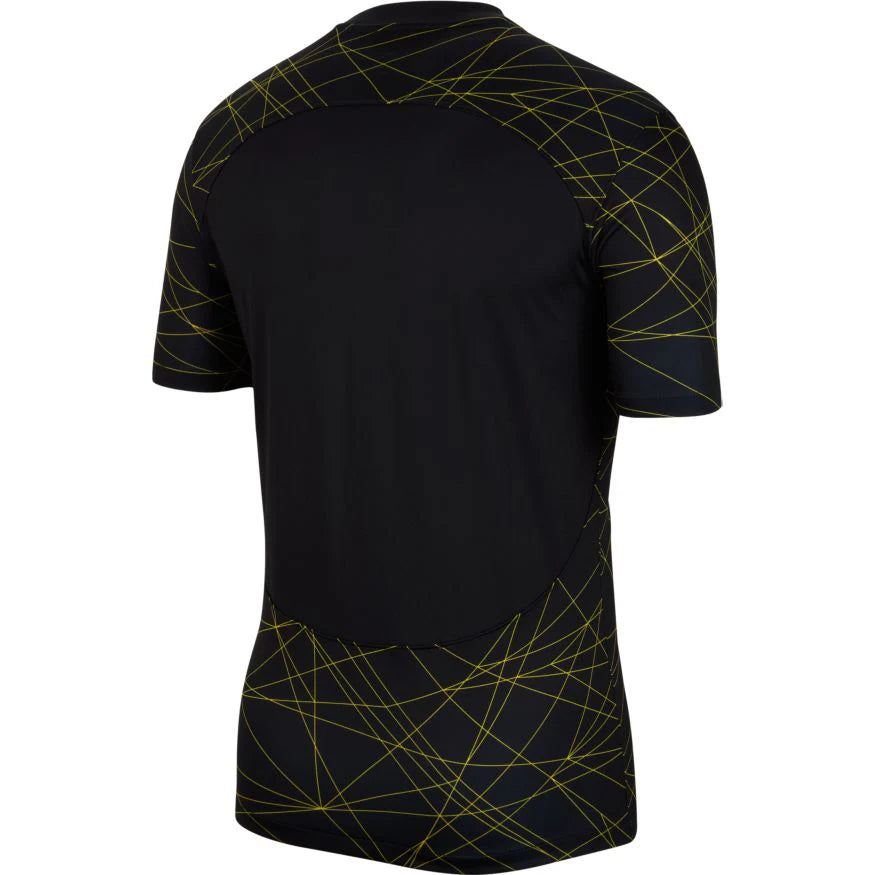 Black sports jersey with yellow geometric patterns on a white background