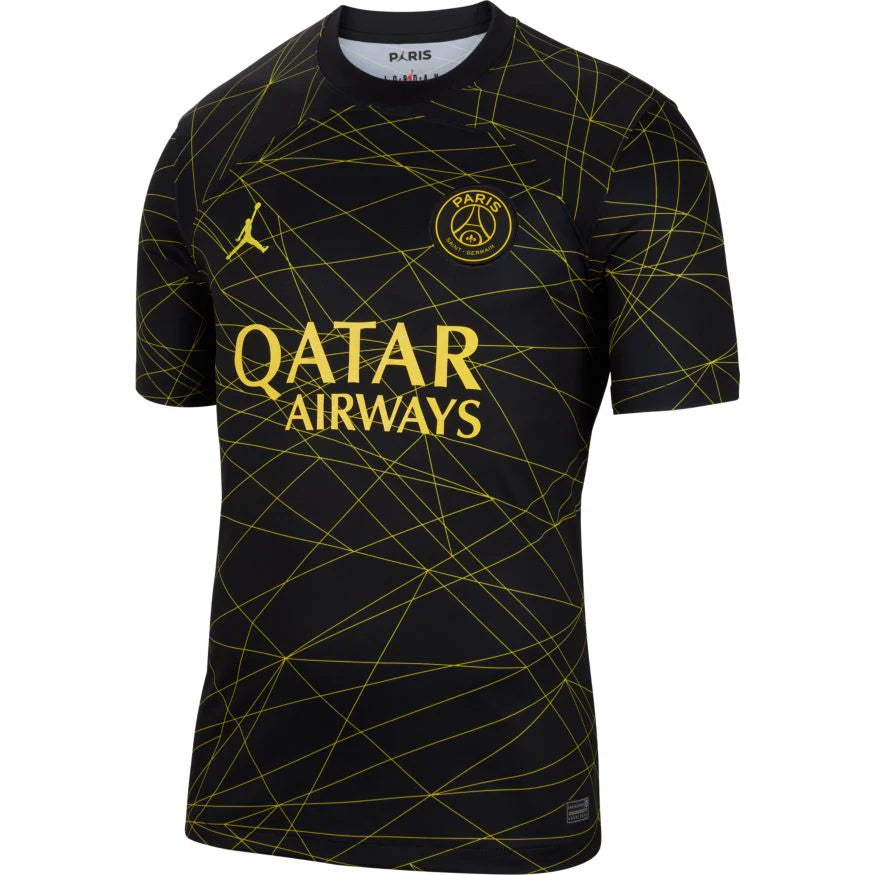 Black sports jersey with yellow patterns and 'Qatar Airways' text on a white background