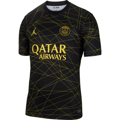 Black sports jersey with yellow patterns and 'Qatar Airways' text on a white background