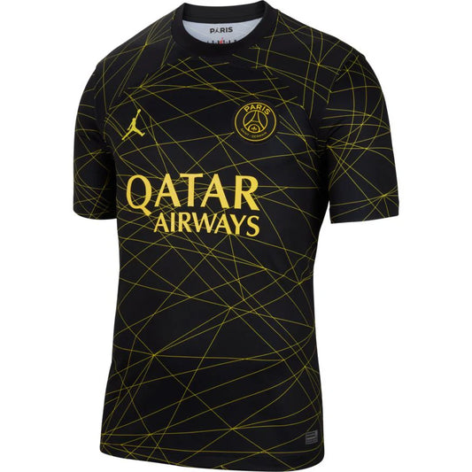 Black sports jersey with yellow patterns and 'Qatar Airways' text on a white background