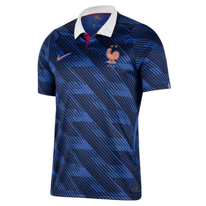 Blue sports jersey with white collar and red accents on a white background