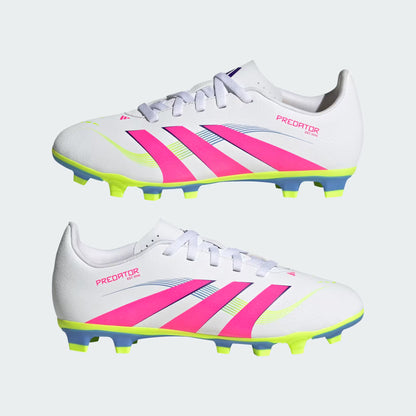 White soccer cleats with pink and green stripes on a light gray background