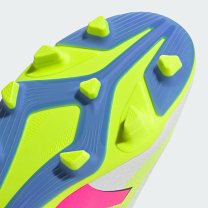 Close-up of a sports shoe sole with blue and green patterns on a white background