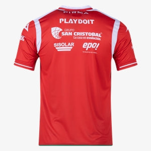 Red sports jersey with various logos on the back against a white background