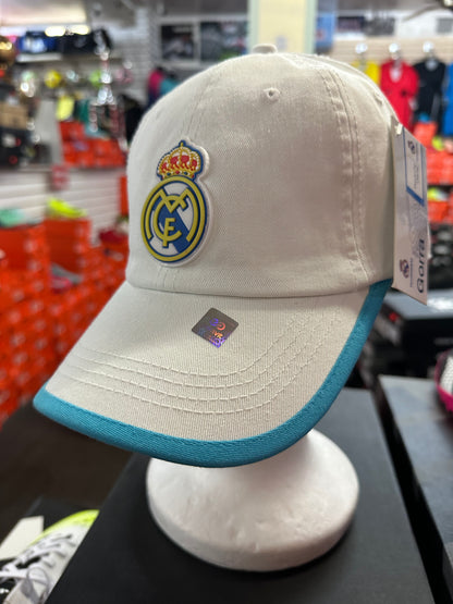 Real Madrid white cap with teal brim front view