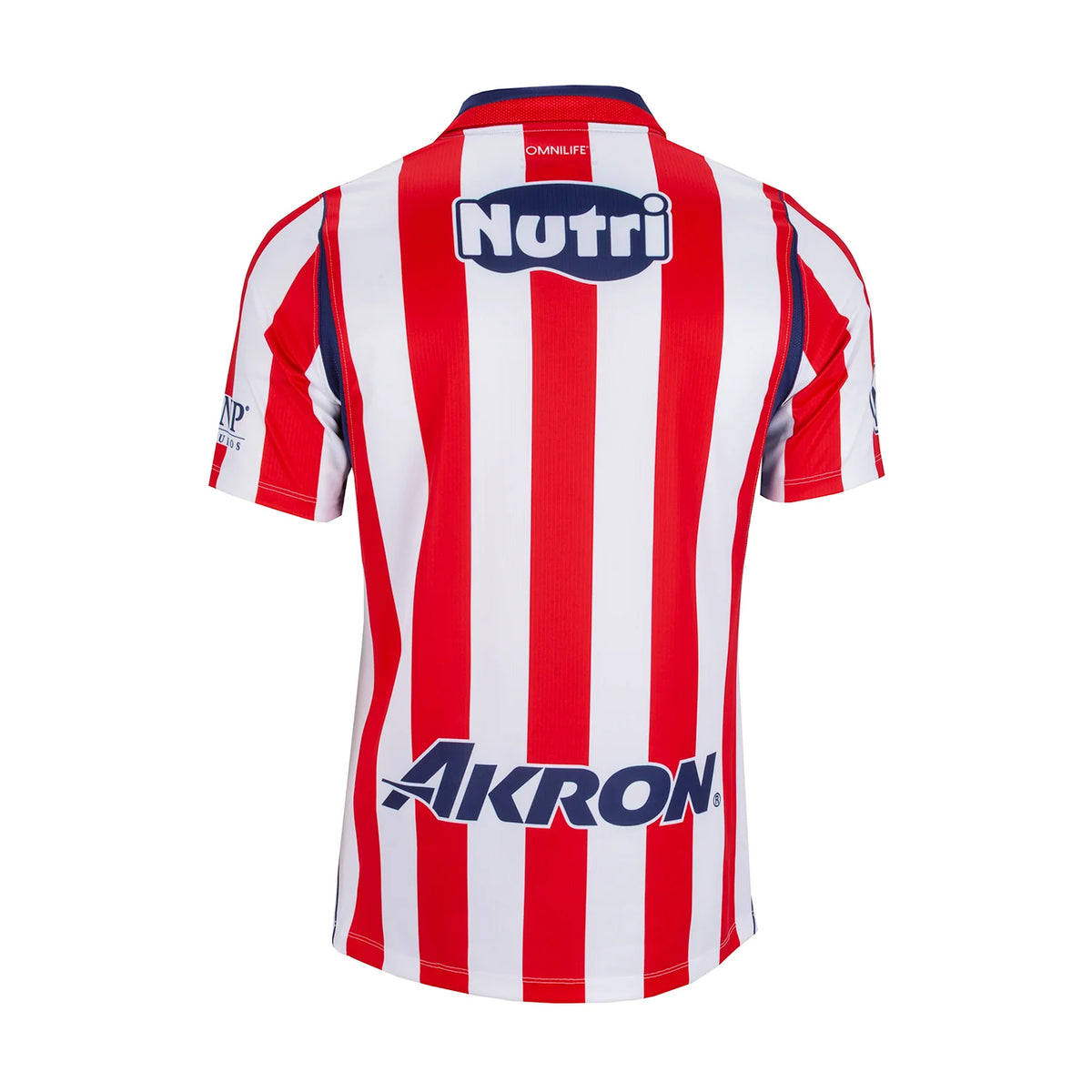 The back of a short-sleeve football jersey with vertical red and white stripes, featuring the 'Nutri' sponsor logo on the upper back and 'AKRON' on the lower back.