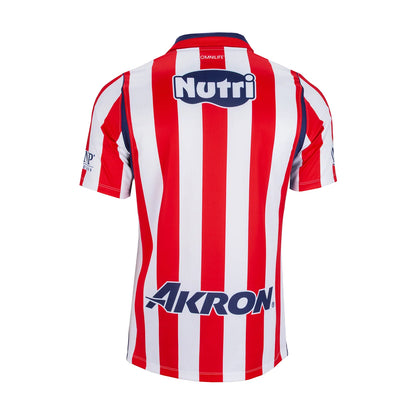The back of a short-sleeve football jersey with vertical red and white stripes, featuring the 'Nutri' sponsor logo on the upper back and 'AKRON' on the lower back.