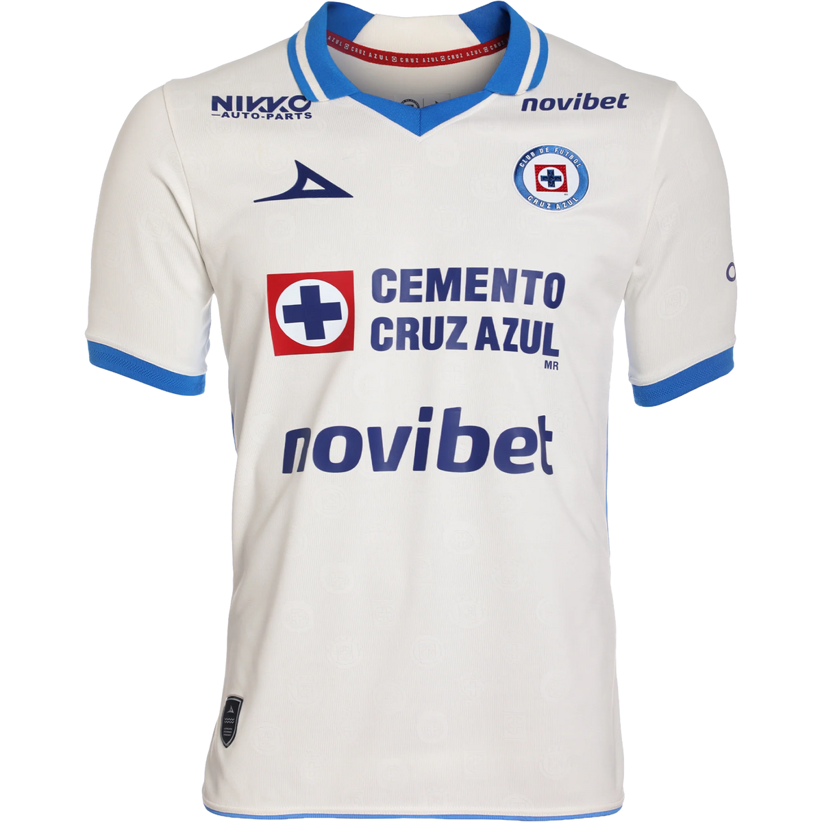 A white short-sleeve soccer jersey with blue and red accents, featuring the Cruz Azul club crest, sponsor logos like Cemento Cruz Azul and Novibet, and manufacturer branding by Nike.
