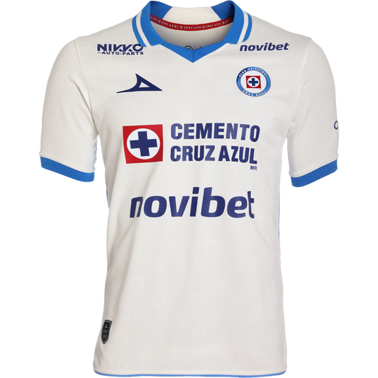 A white short-sleeve soccer jersey with blue and red accents, featuring the Cruz Azul club crest, sponsor logos like Cemento Cruz Azul and Novibet, and manufacturer branding by Nike.