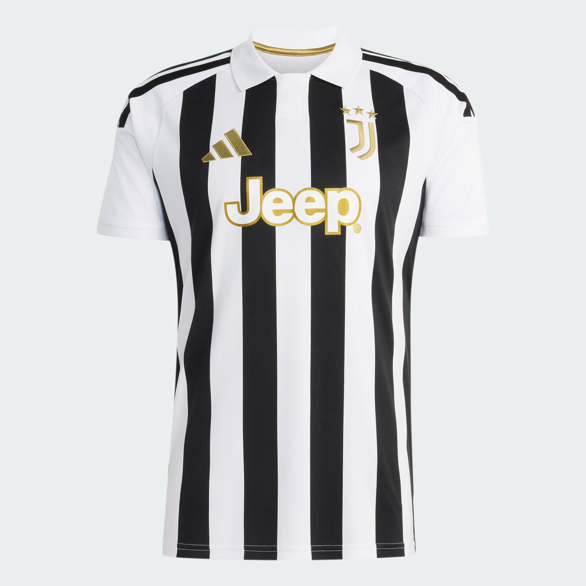 A white and black vertically striped Juventus soccer jersey with gold accents, featuring the Adidas logo, Juventus crest, and Jeep sponsor logo, shown on a light gray background.