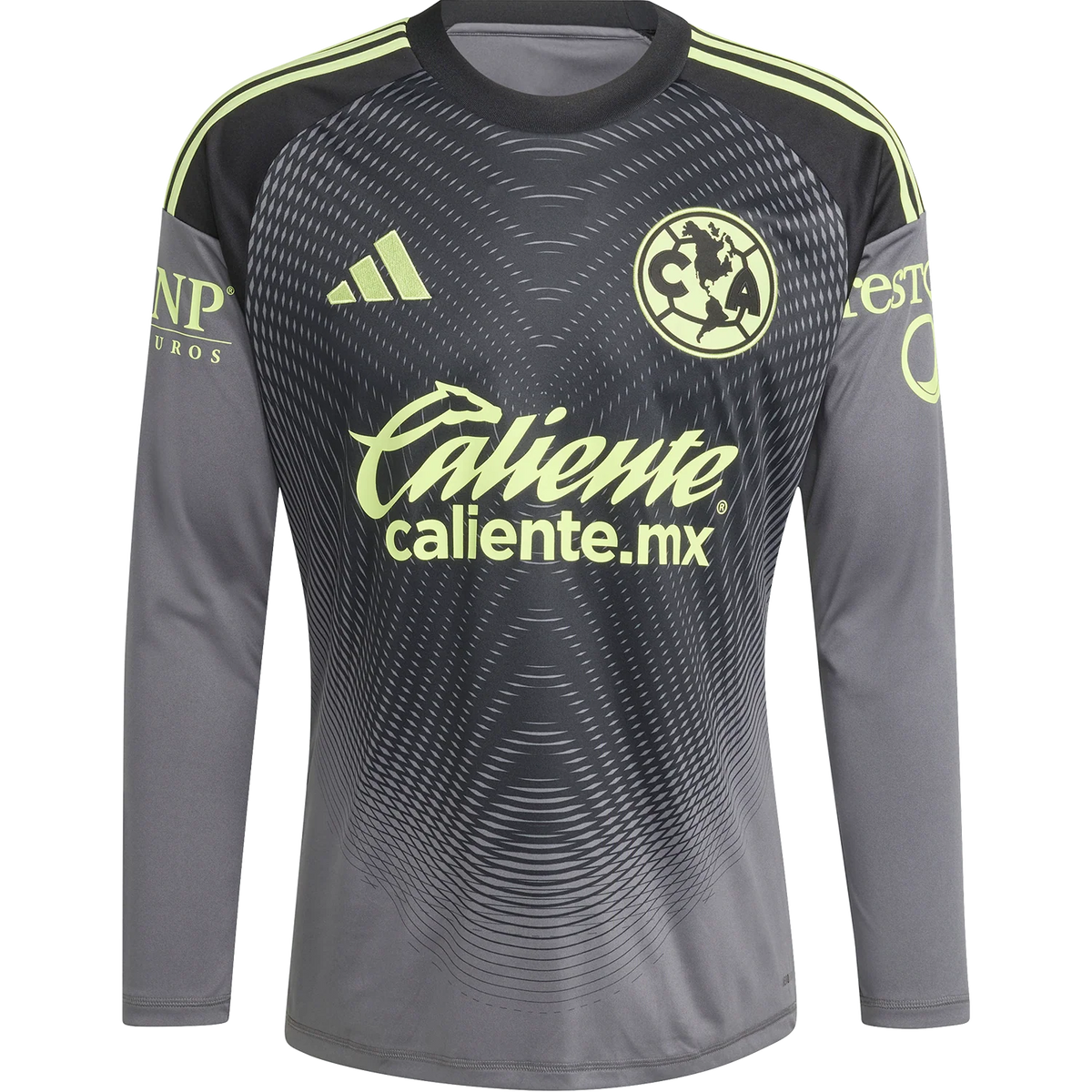 A long-sleeve soccer jersey for Club América, featuring a dark gray and black gradient pattern with neon yellow-green accents. The jersey includes the Adidas logo, the Club América crest, and the sponsor 'Caliente'.